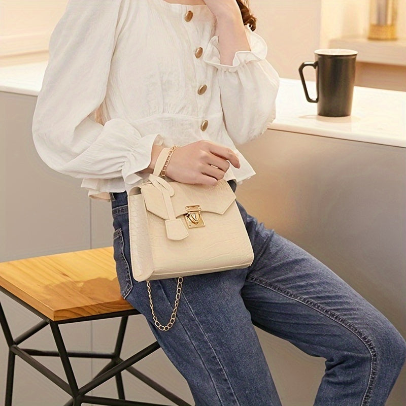 Crocodile Pattern Top-Handle Bag with Buckle Closure for Women in Red Black Beige