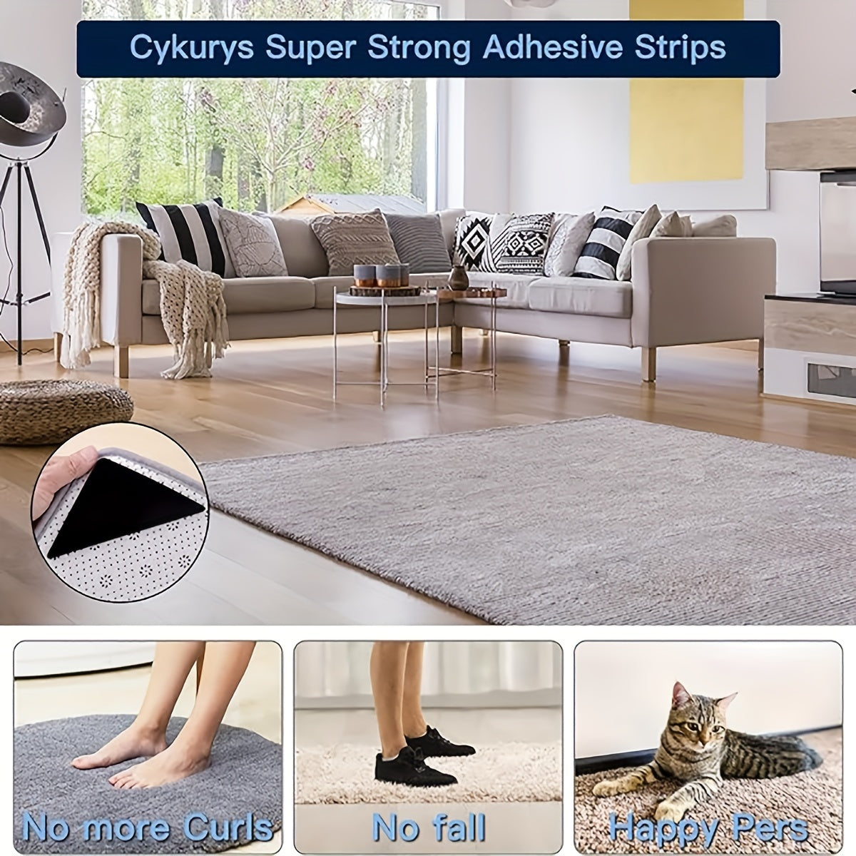 Agarre antideslizante reutilizable para alfombras con adhesivo de doble cara, cinta para alfombra lavable y elástica para tapetes de yoga y decoración del hogar