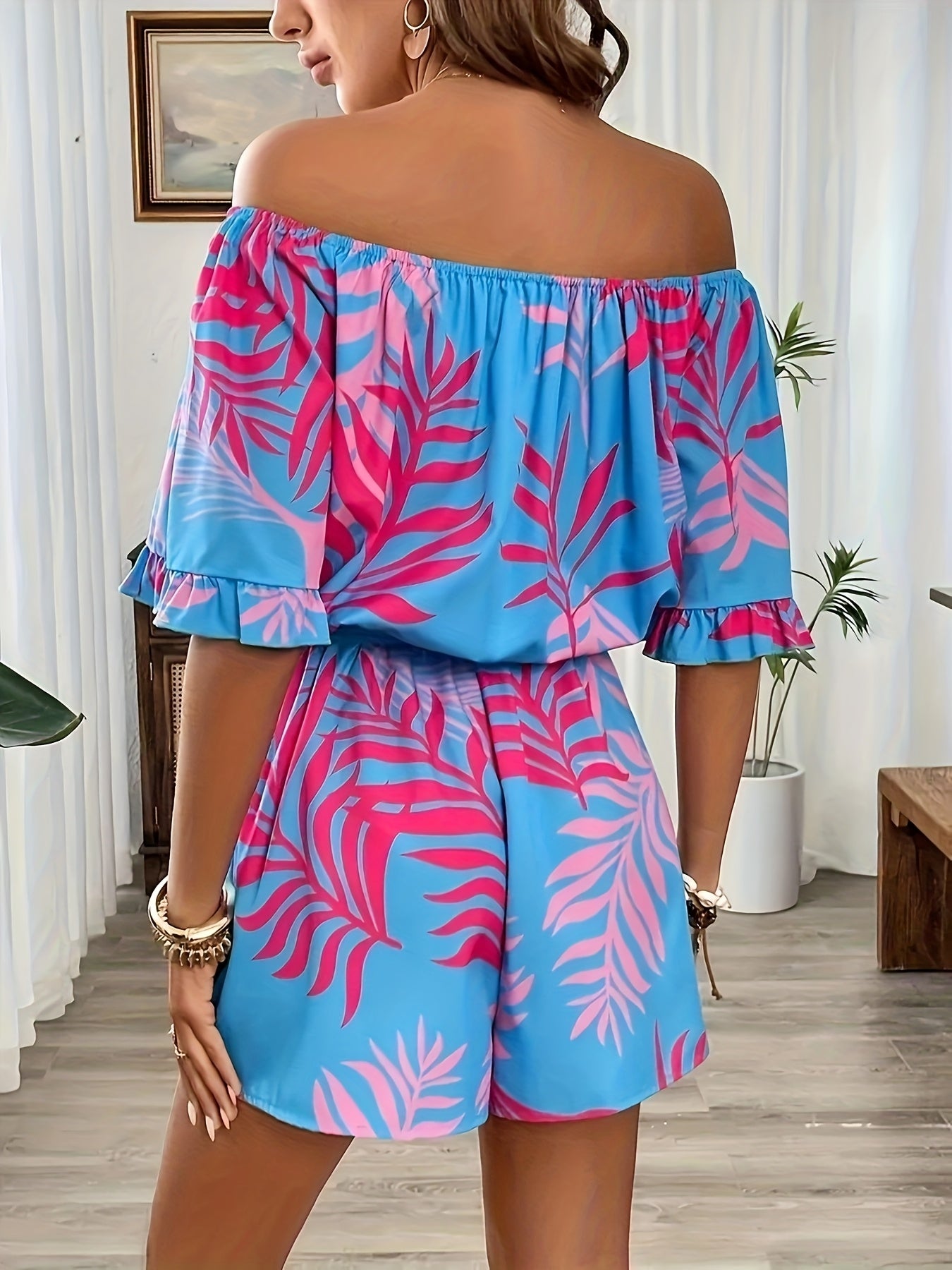 Plus Size Women's Tropical Floral Off Shoulder Jumpsuit Summer Vacation Beachwear