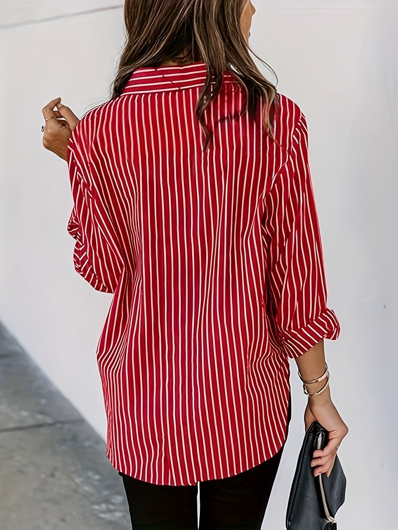 Women's Striped Light Polyester Long Sleeve Button-Up Shirt Casual Blouse