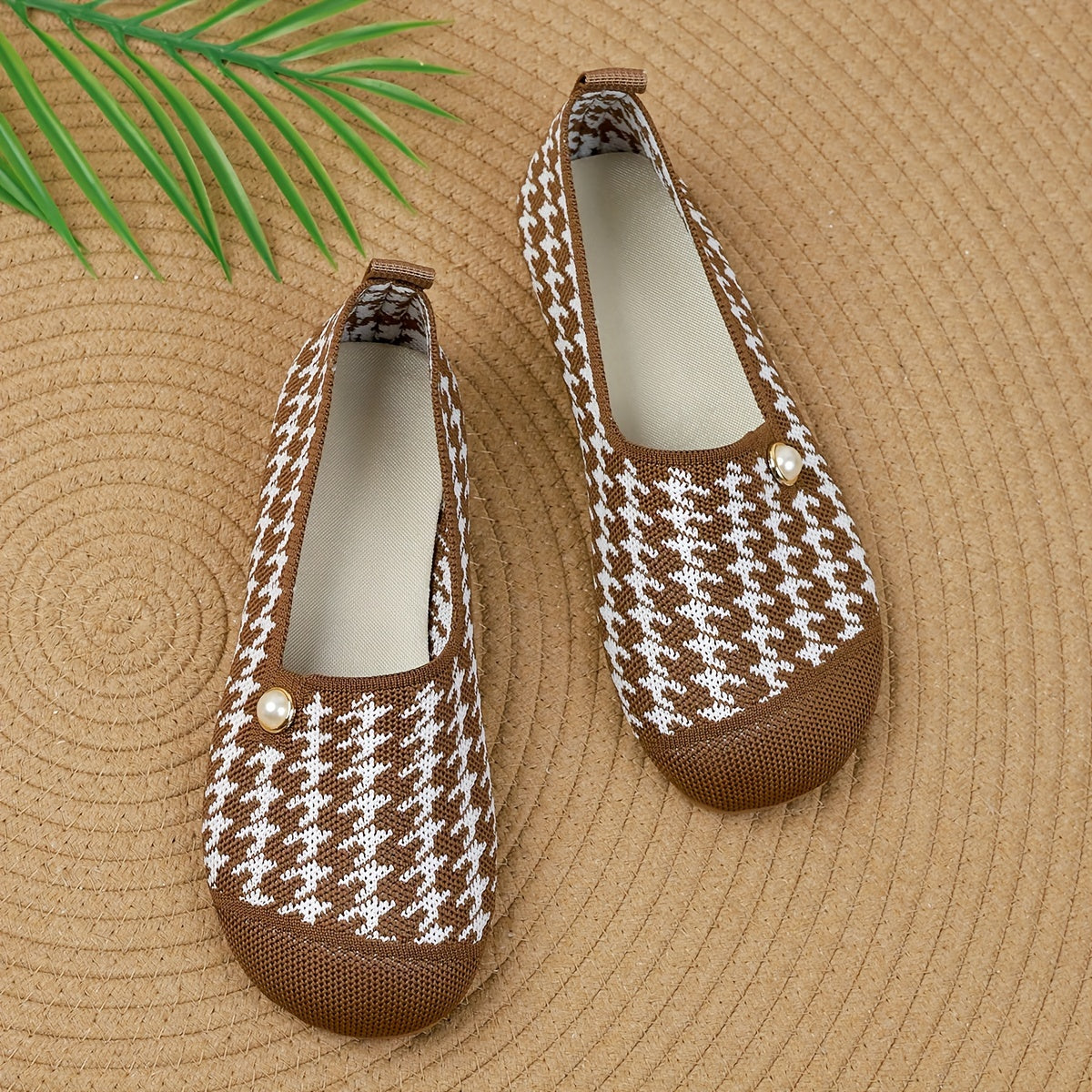 Women's Houndstooth Slip-On Flats Breathable Fabric All-Season Shoes