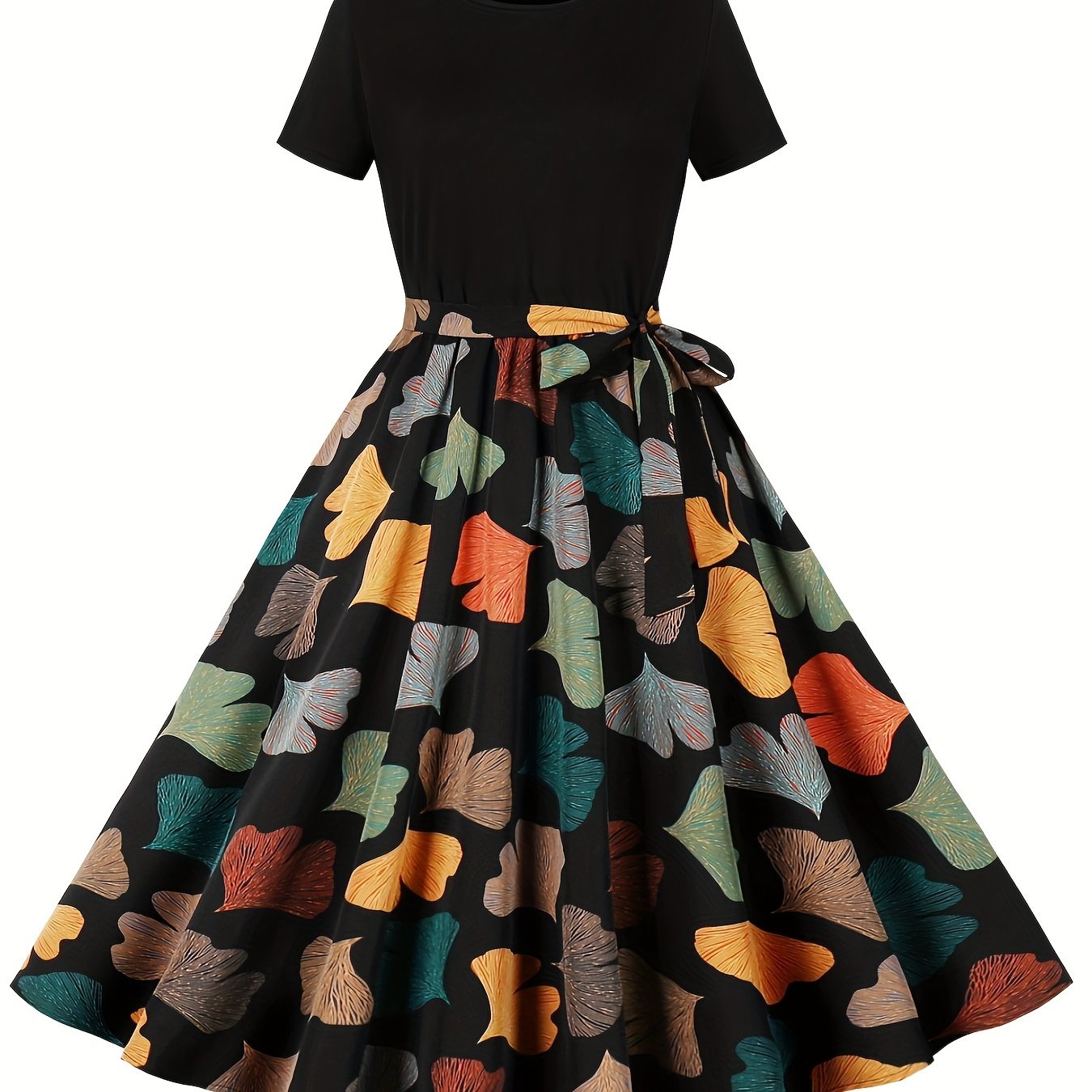 Floral Print Crew Neck Dress for Women with Short Sleeves and Belt Summer Elegant Polyester