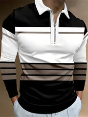 Men's Long-Sleeve Striped Polo Shirt with Zipper and Lapel Collar