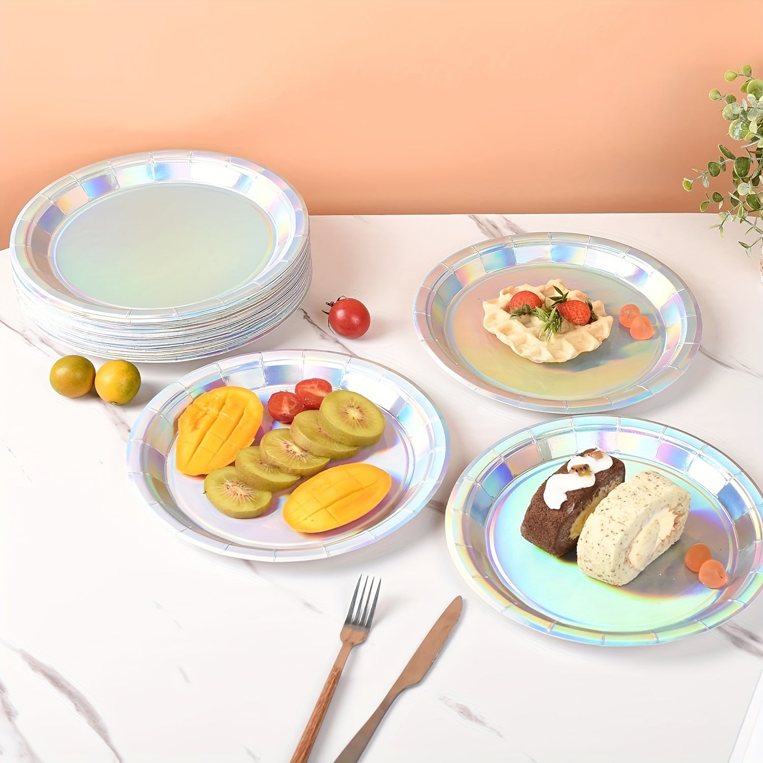 Set of 10/30 Rainbow Holographic Disposable Plates 17.78cm Round Party Dinnerware