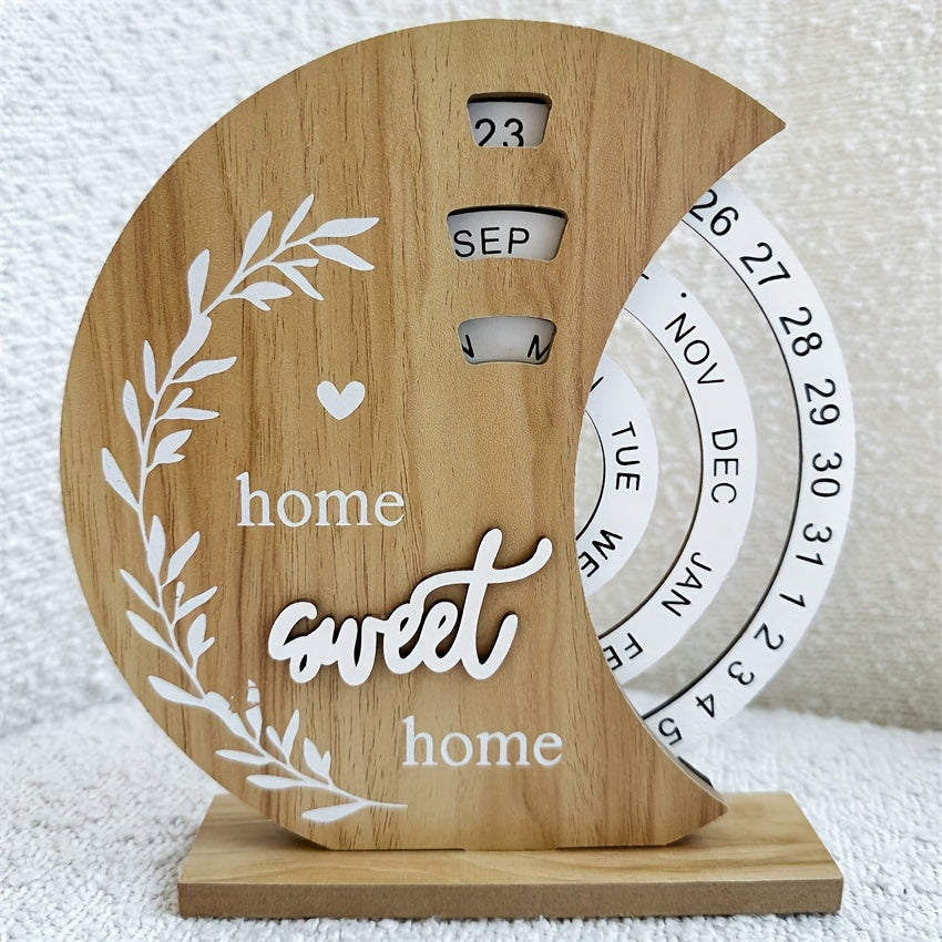 Handcrafted Wooden Perpetual Desk Calendar with Moon Ferris Wheel Design Weekly Monthly View