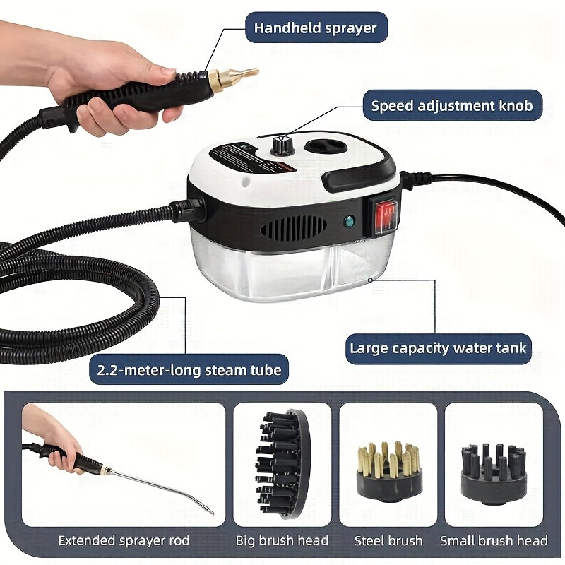 3 ta cho'tka boshli, 6 ta sozlanadigan tezlikka ega, 1500W quvvatga ega portativ bug' tozalagich. Oshxona, mebel, hammom va avtomobil uchun ideal.