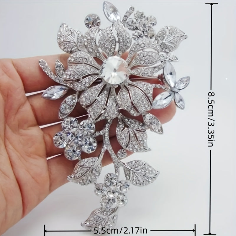 Women's Floral Brooch Pin Alloy Silvery-Tone Rhinestone Jewelry