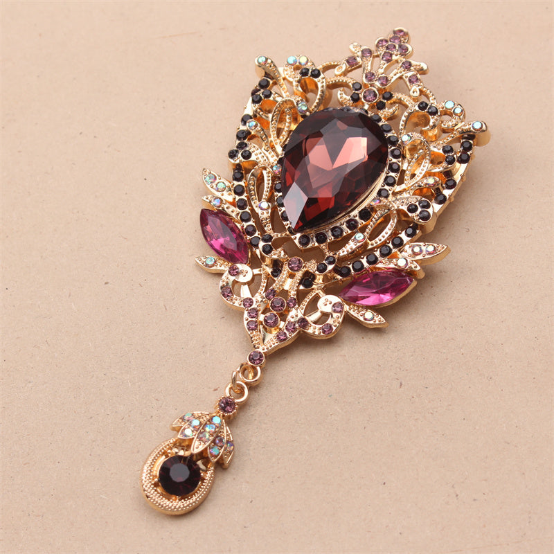 Retro Rhinestone Flower Brooch with Glass Pendant Enamel Corsage Pin for Coats