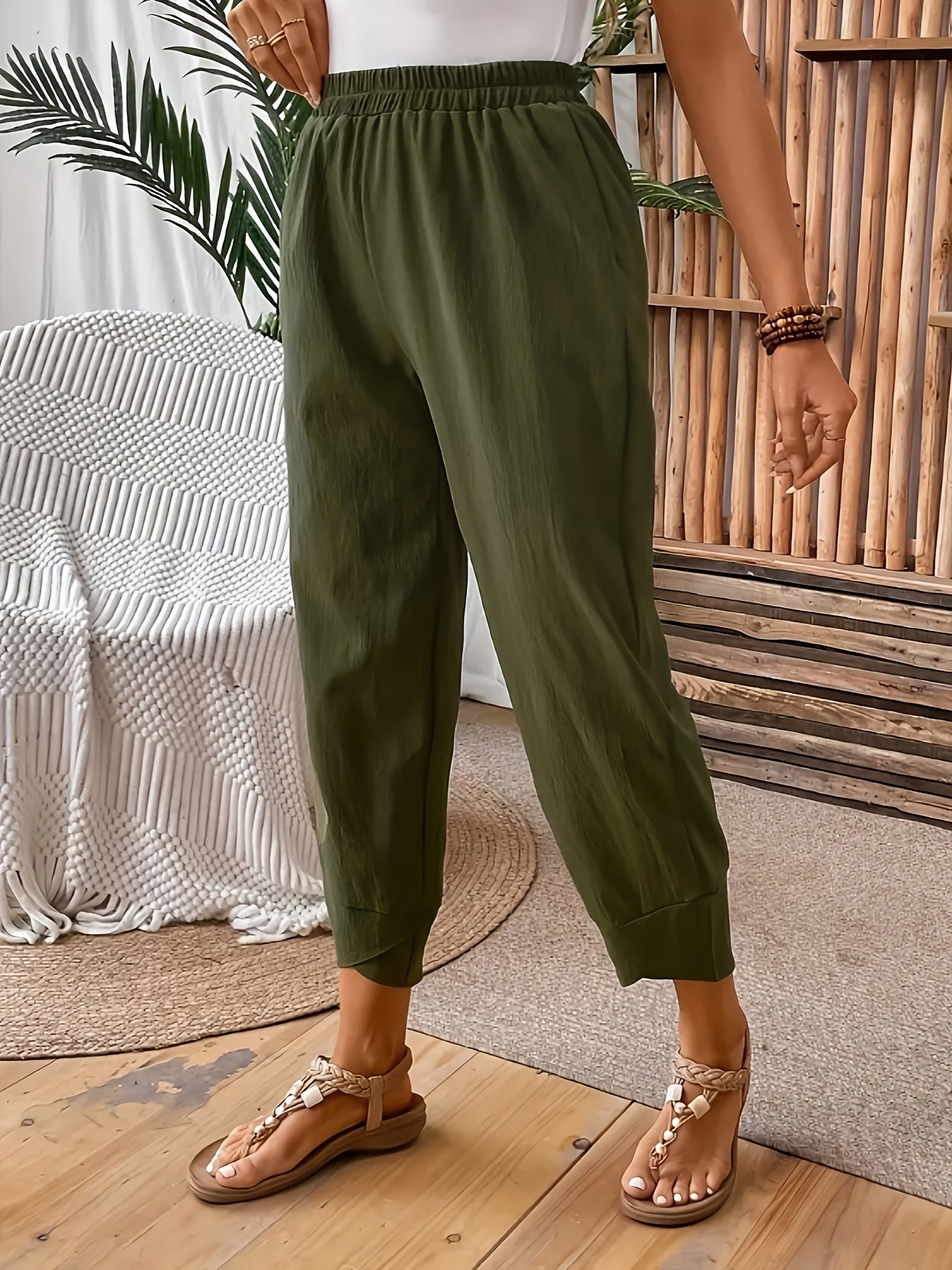 Women's Green Stretch Waist Straight-Leg Pants High-Rise Comfortable Fit