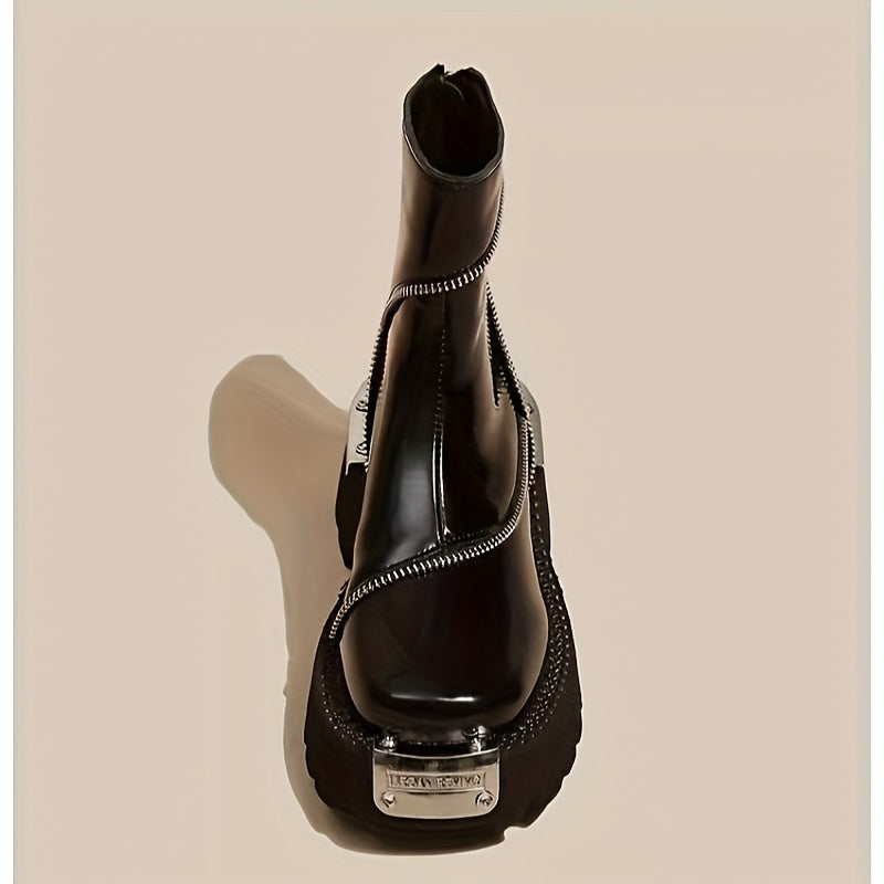 Women's Chunky Platform Boots Synthetic Black Slip-Resistant Zipper