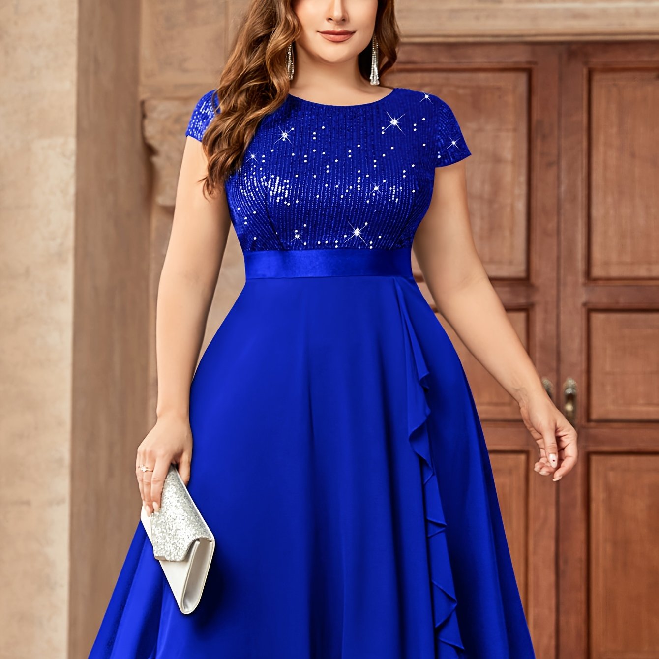 Plus Size Women's Sequin Dress with Ruffle Short Sleeve Party Wear
