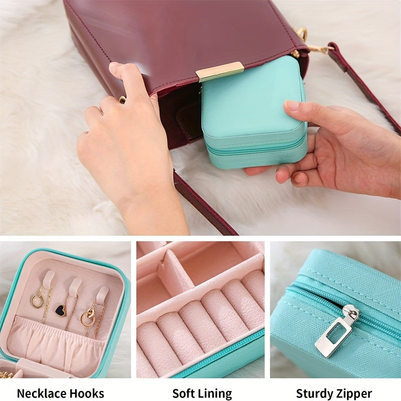 Kompakt sayohat uchun zargarlik qutisi, PU charm bilan tashkil etuvchi, uzuklar, sirg‘alar va taqinchoqlar uchun