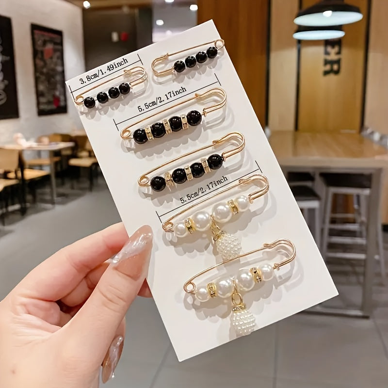 6 ta qora va oq rangdagi nafis sun'iy marvarid broshkalari, har qanday kiyim uchun mukammal.