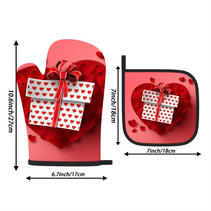 Valentine's Day Oven Mitts and Pot Holders Set Heat-Resistant Red Black Kitchen Decor