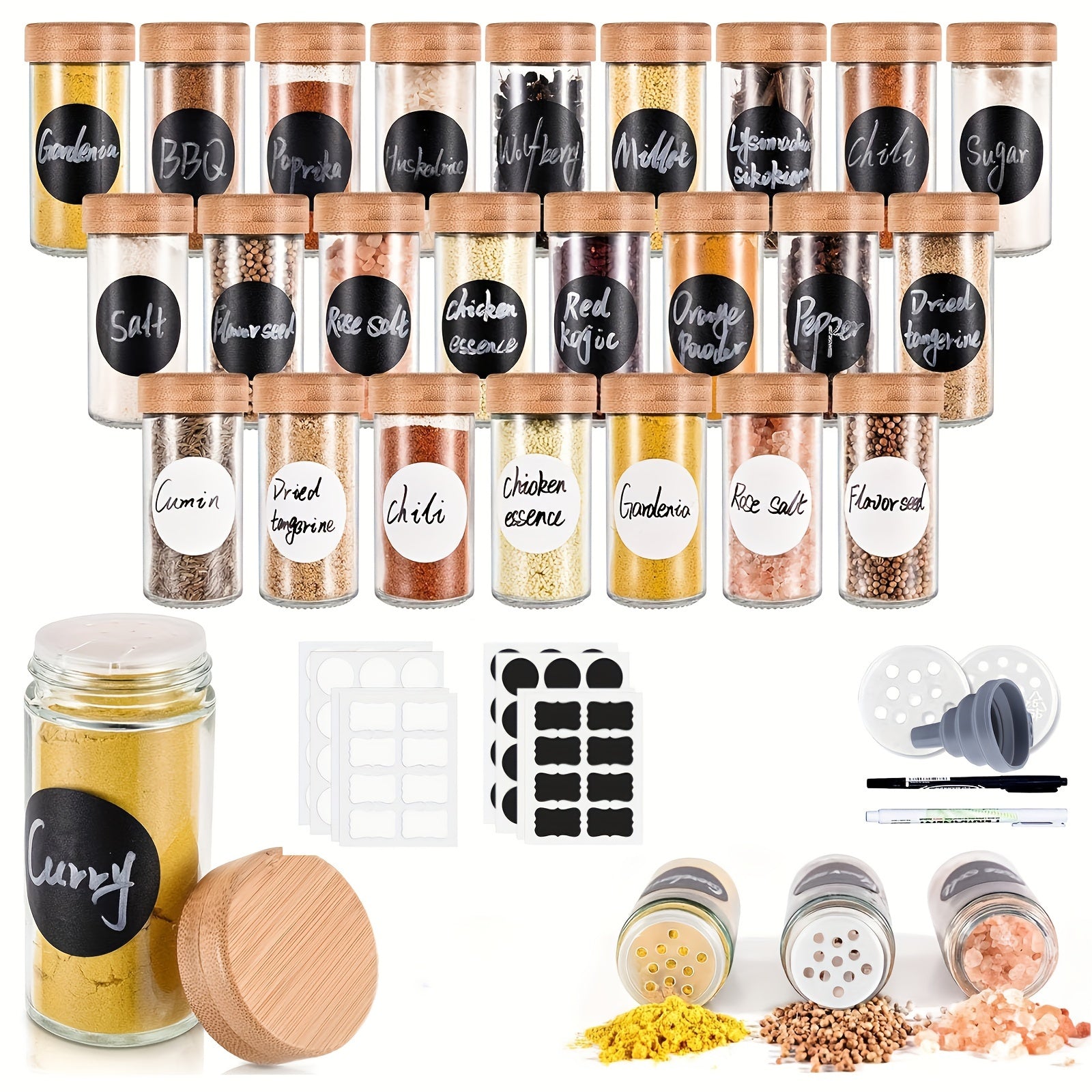 Set of 6 12 24 or 30 100ml Glass Spice Jars with Bamboo and Shaker Lids