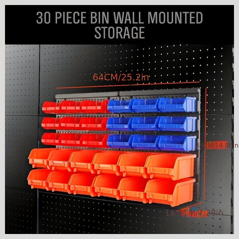 Wall-Mounted Storage Organizer with 30 Plastic Bins for Garage Tools in Blue Orange Red