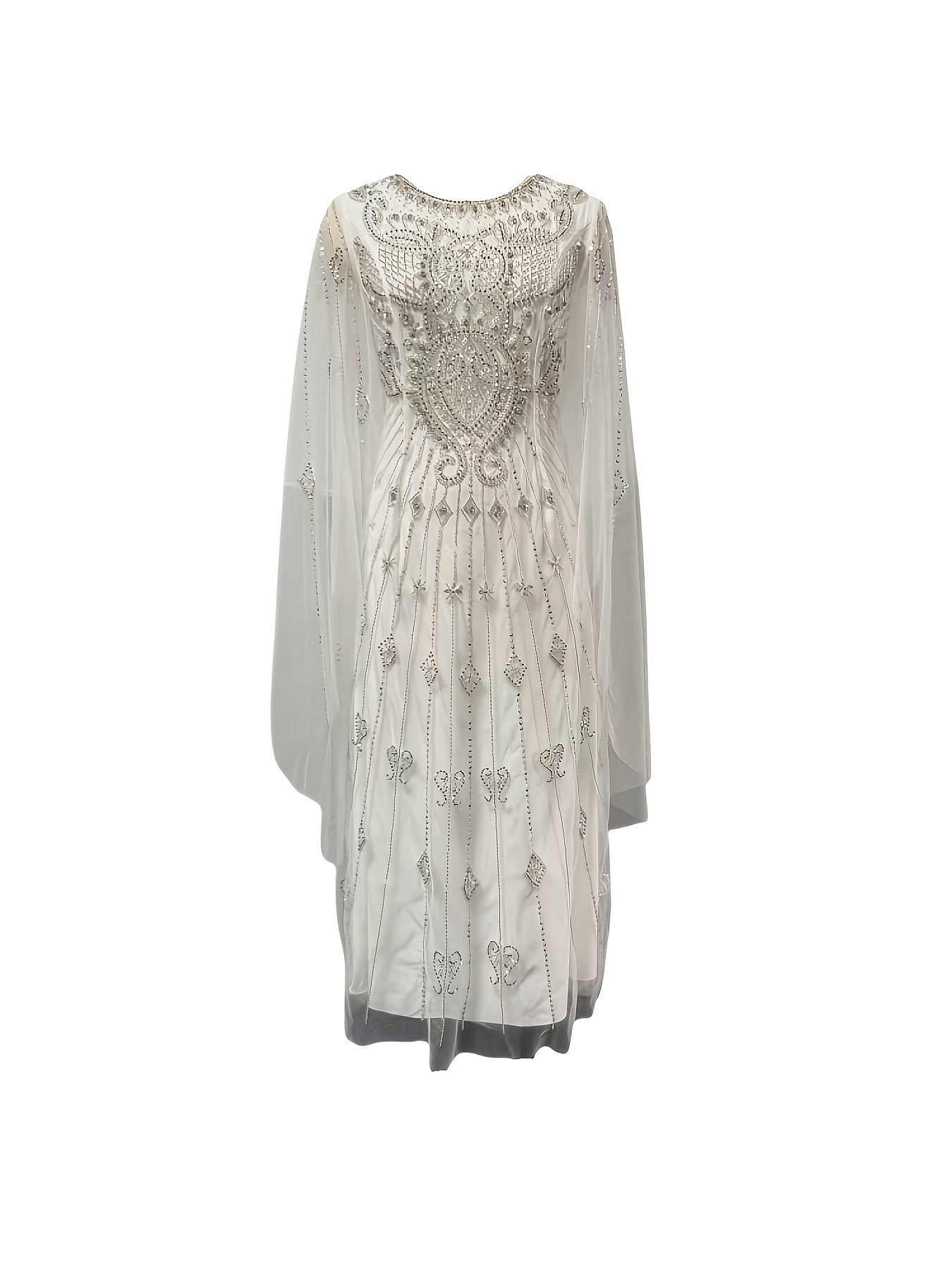 Women Beaded A-Line Evening Gown with Sequin Detailing Long Sleeve Red