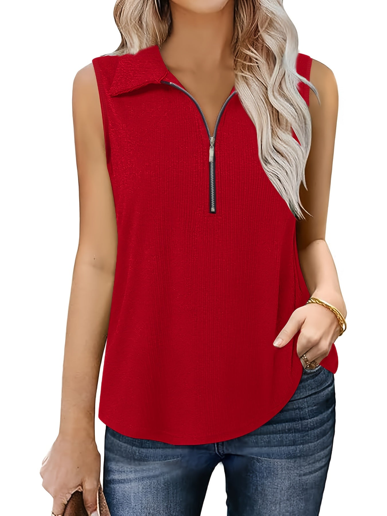 Women's Sleeveless V-Neck Zipper Tank Top Casual Solid Color Summer Layering