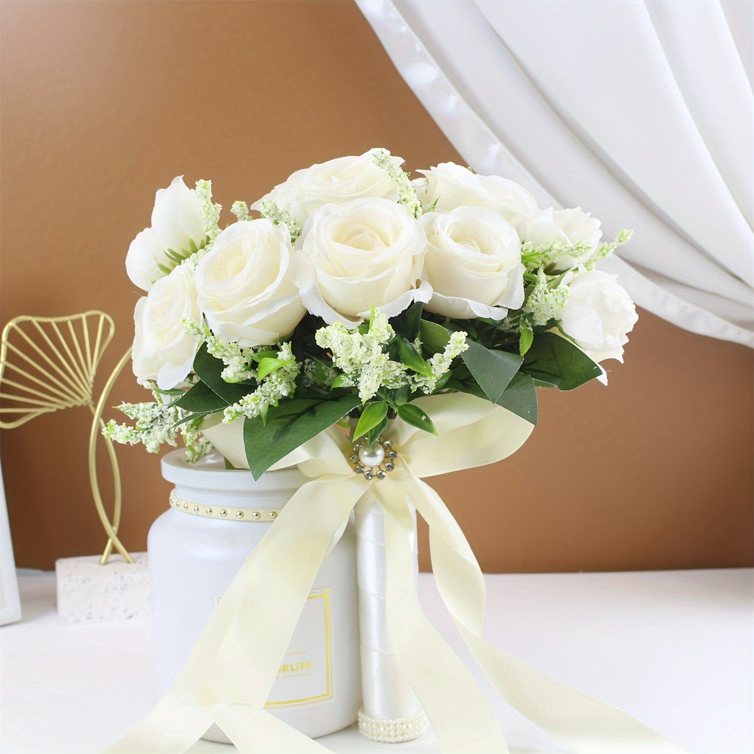 Handmade Rose Bouquet with Faux Pearls and Hemp Rope for Weddings and Events