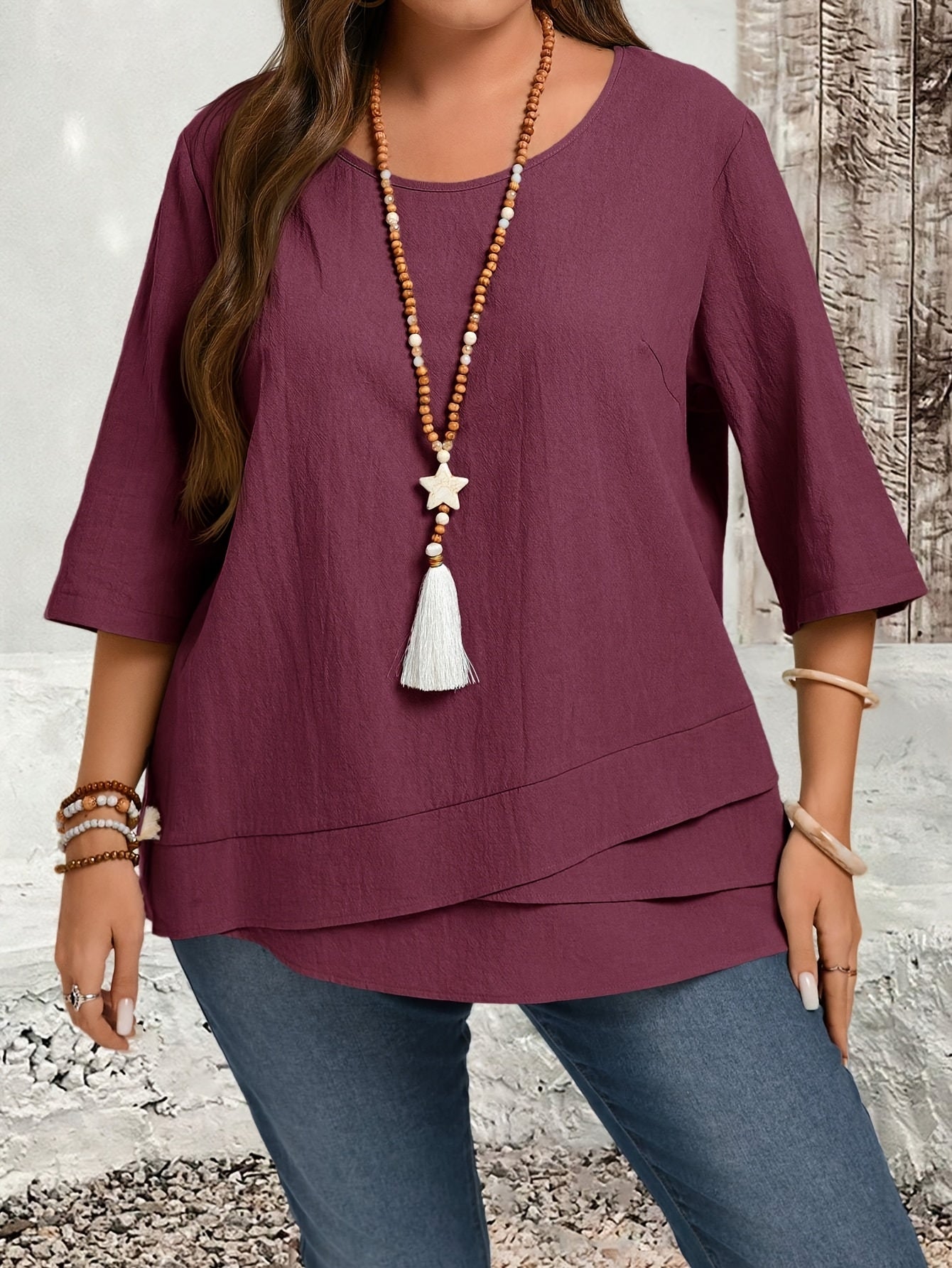 Plus Size Beige Blouse Women’s Casual Formal Top with Asymmetrical Hem