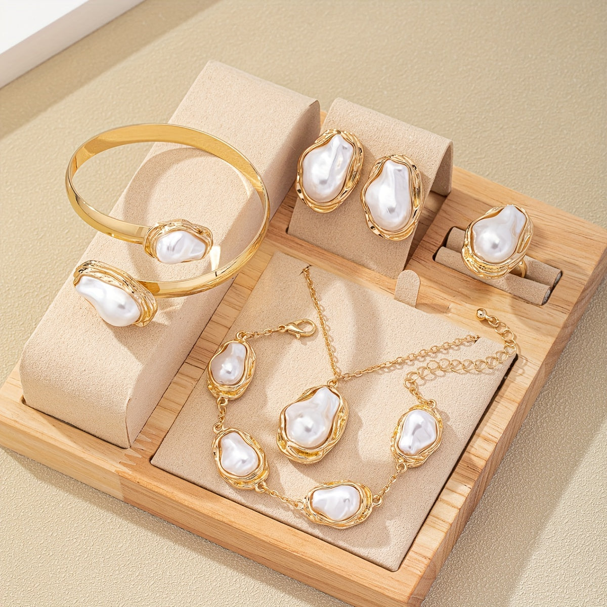 Women’s 14K Gold Plated Jewelry Set with Faux Pearls Necklace Earrings Ring Bangle