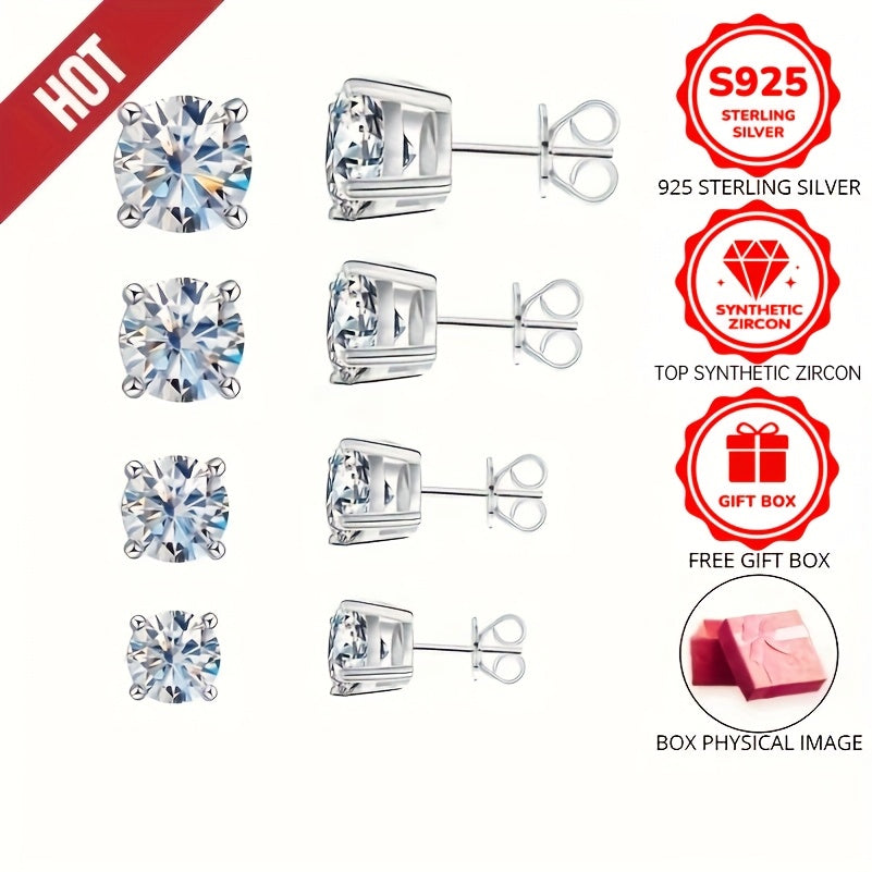 Sterling Silver Stud Earrings for Women with White Cubic Zirconia 3-6mm 0.1-0.8CT