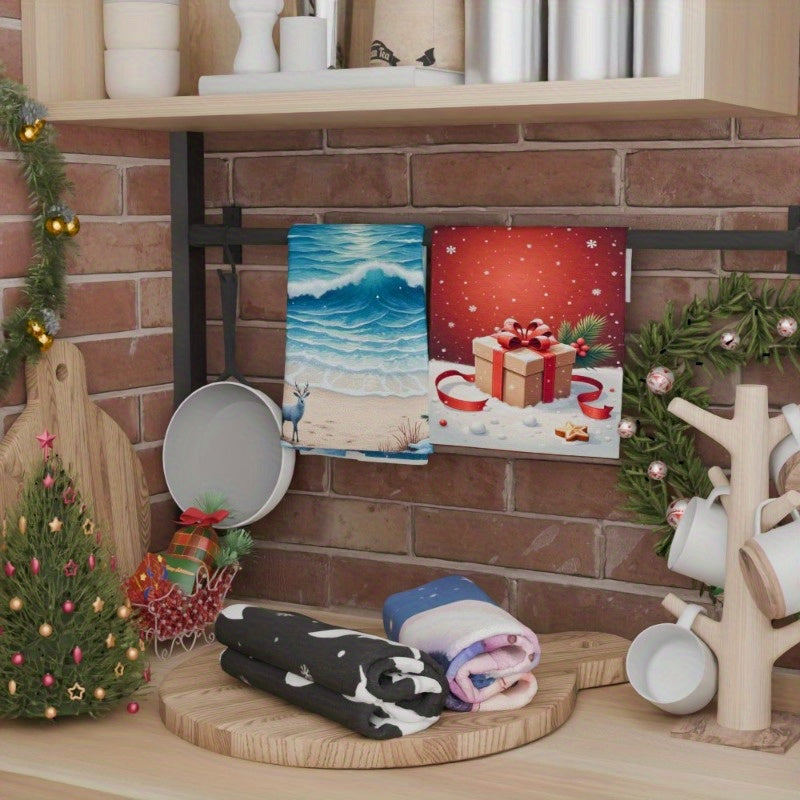 To'rt dona yumshoq polyester oshxona sochiqlari, har biri 45.72x66.04 sm o'lchamda. Zamonaviy fantastik Santa Klaus dizayni bilan, bayram oshxona bezaklari uchun mukammal. Ushbu sochiqlar mashinada yuvilishi mumkin va mustahkamlik uchun to'qilgan.