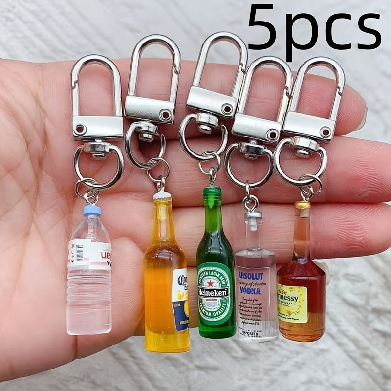 Set of 5 Miniature Resin and Alloy Beverage Bottle Keychains for Keys Phones Bags