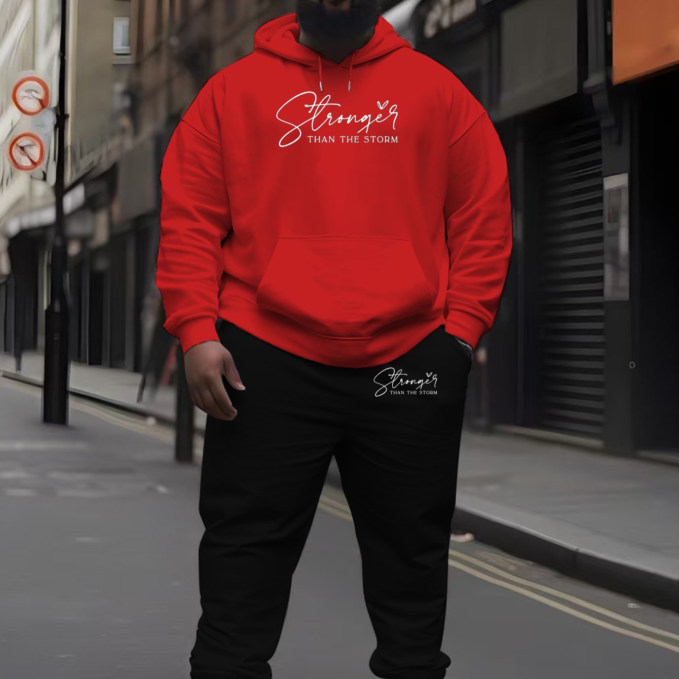 Men's Casual Hoodie Set with "Than The Storm" Print 100% Polyester Knit Fabric Regular Fit