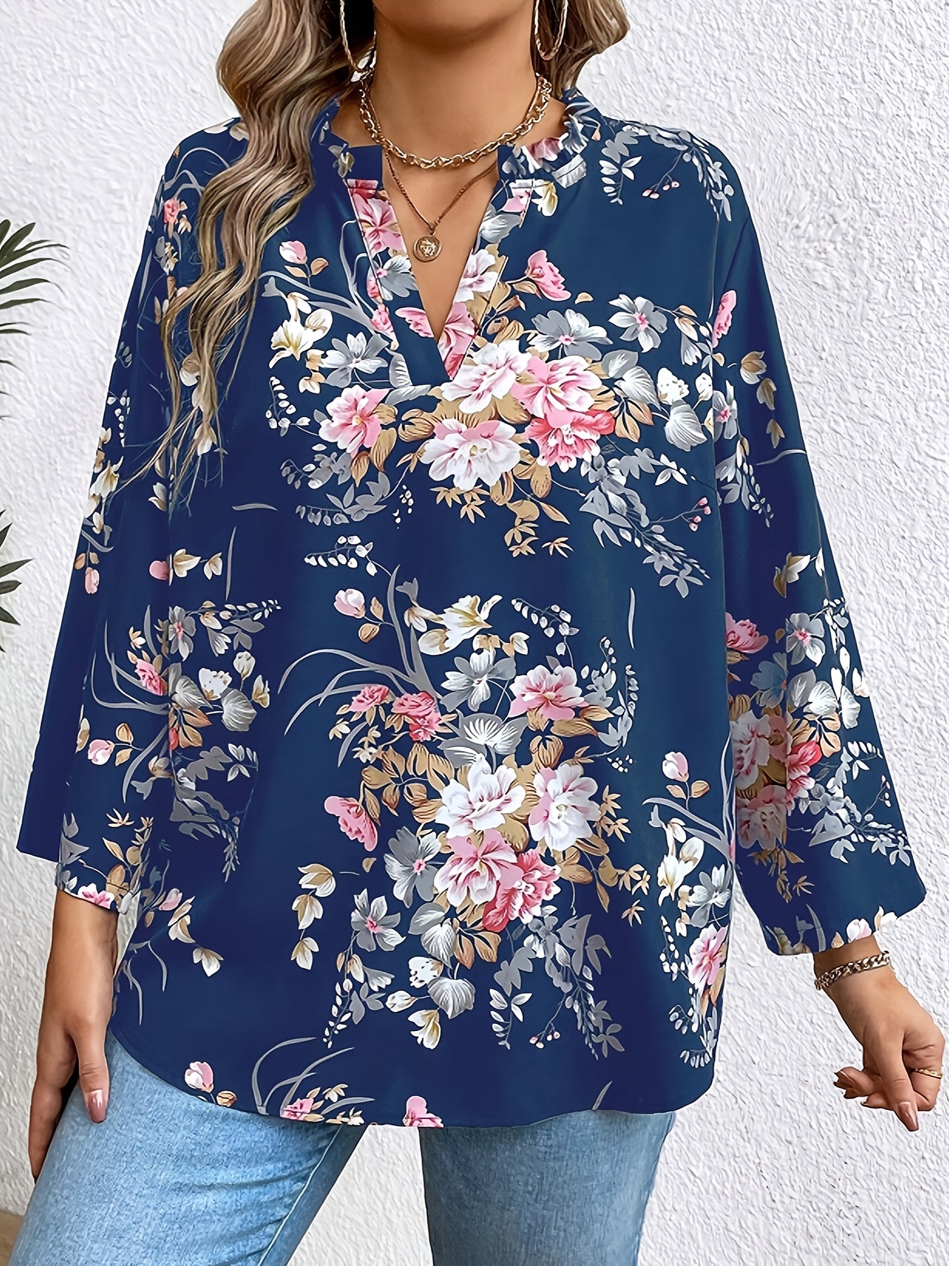 Plus Size Women's Floral Print V-Neck Blouse Lightweight Polyester Long Sleeve Top