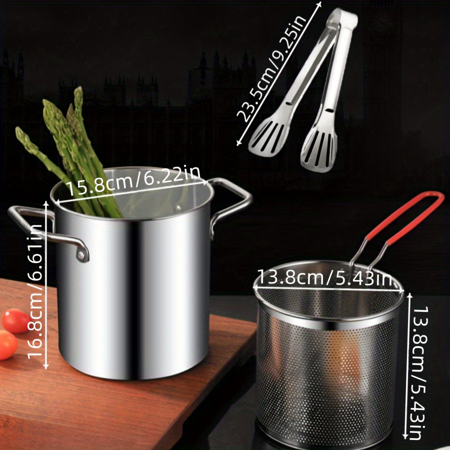 Stainless Steel Fryer Pot with Basket 100oz 3000ml for Deep Frying Boiling Soup Pasta Compatible with Induction Cooktops