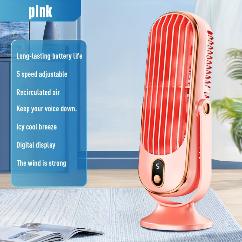 USB-Powered Desktop Fan with 1200mAh Battery, Digital Display, 5-Speed Control for Office Travel Camping