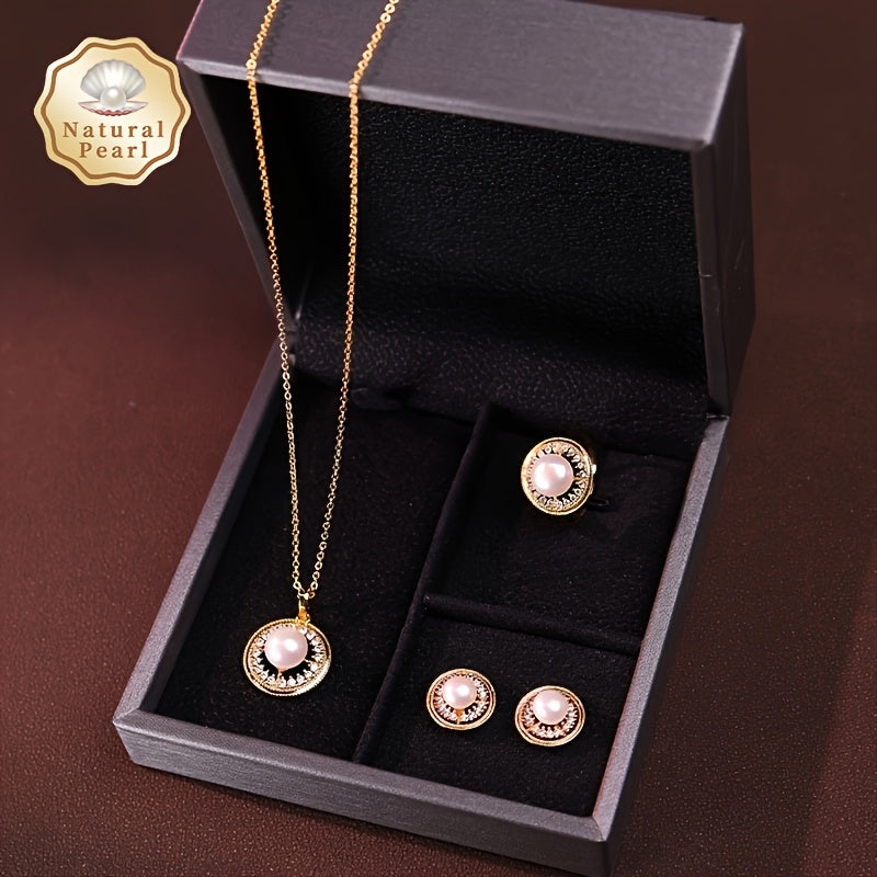 Women’s Freshwater Pearl Jewelry Set Necklace Earrings Ring Gift Box