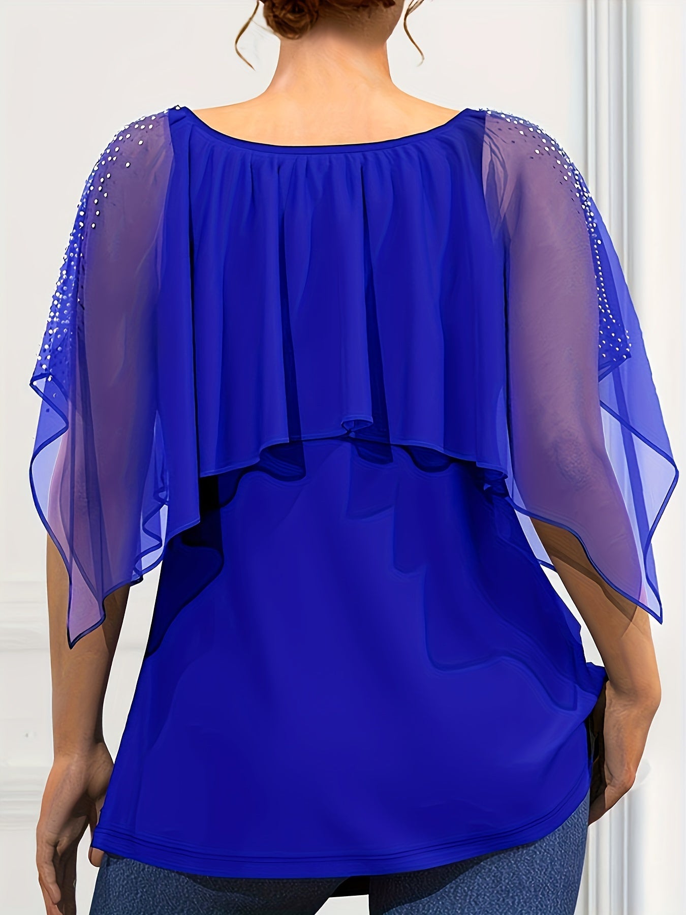 Plus Size Women's Chiffon Blouse with Pearl Embellishments Black Ruffled Sleeves