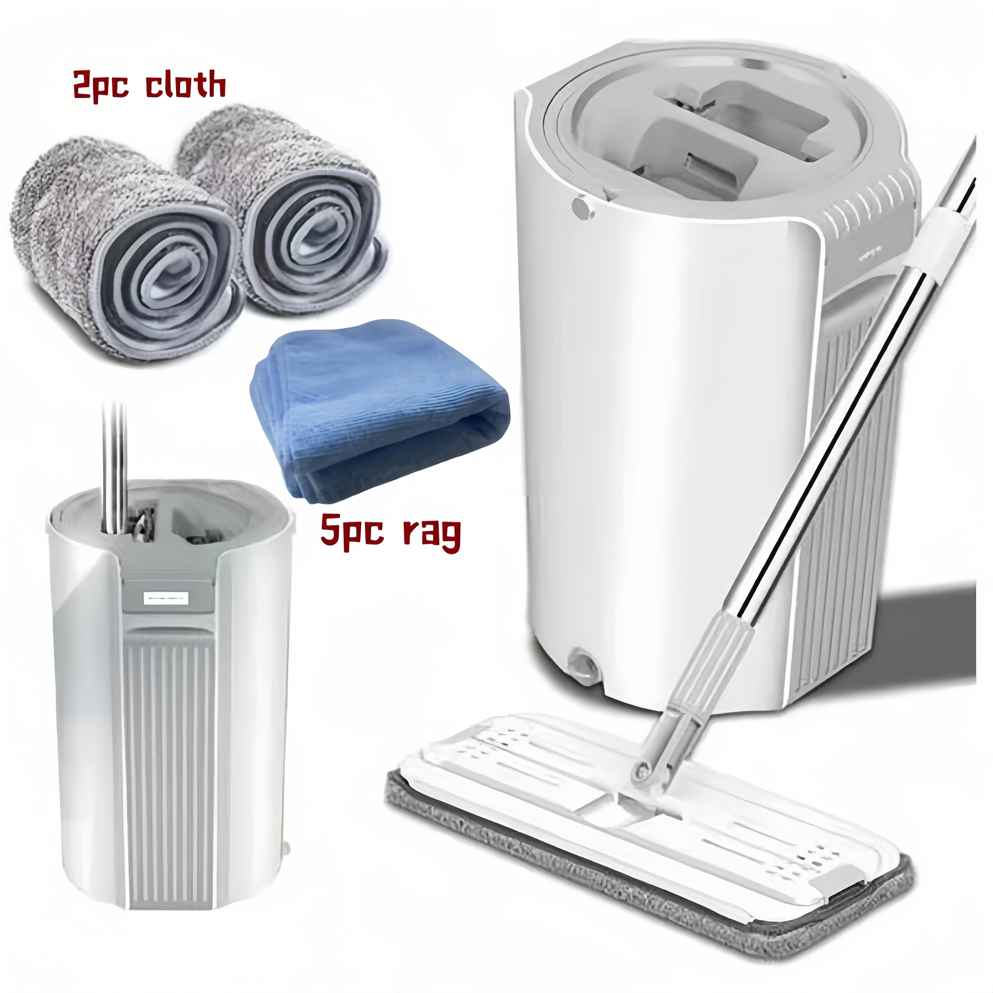 Hands-Free Mop and Bucket Set with Wringer, White, Includes 2 Reusable Cloths