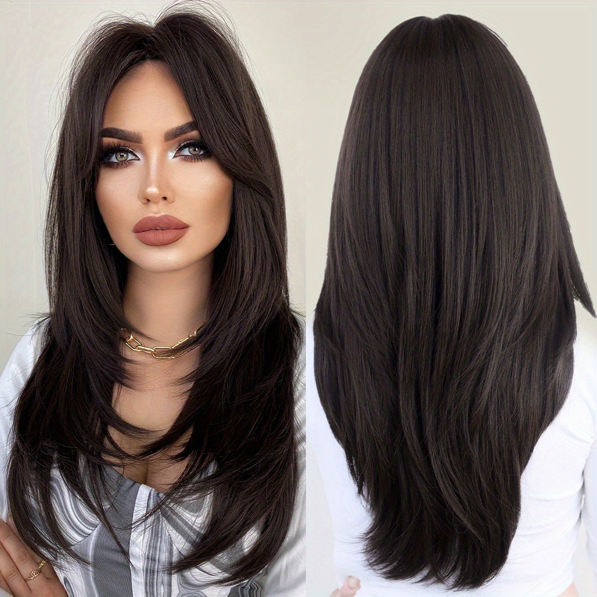 Ayollar uchun uzun to'lqinli asal sarg'ish parik, issiqqa chidamli va qirqimlar bilan, tabiiy sintetik jigarrang tolalardan qatlamli uslubda tayyorlangan.