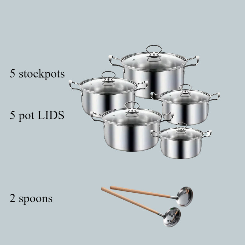 Juego de 12 ollas de acero inoxidable para cocinas de inducción y gas, utensilios de cocina duraderos