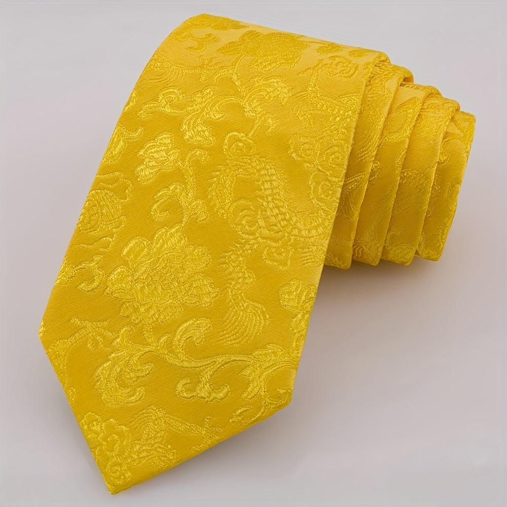 Men's Silk Tie with Hand-Embroidered Chinese Dragon and Peony Design