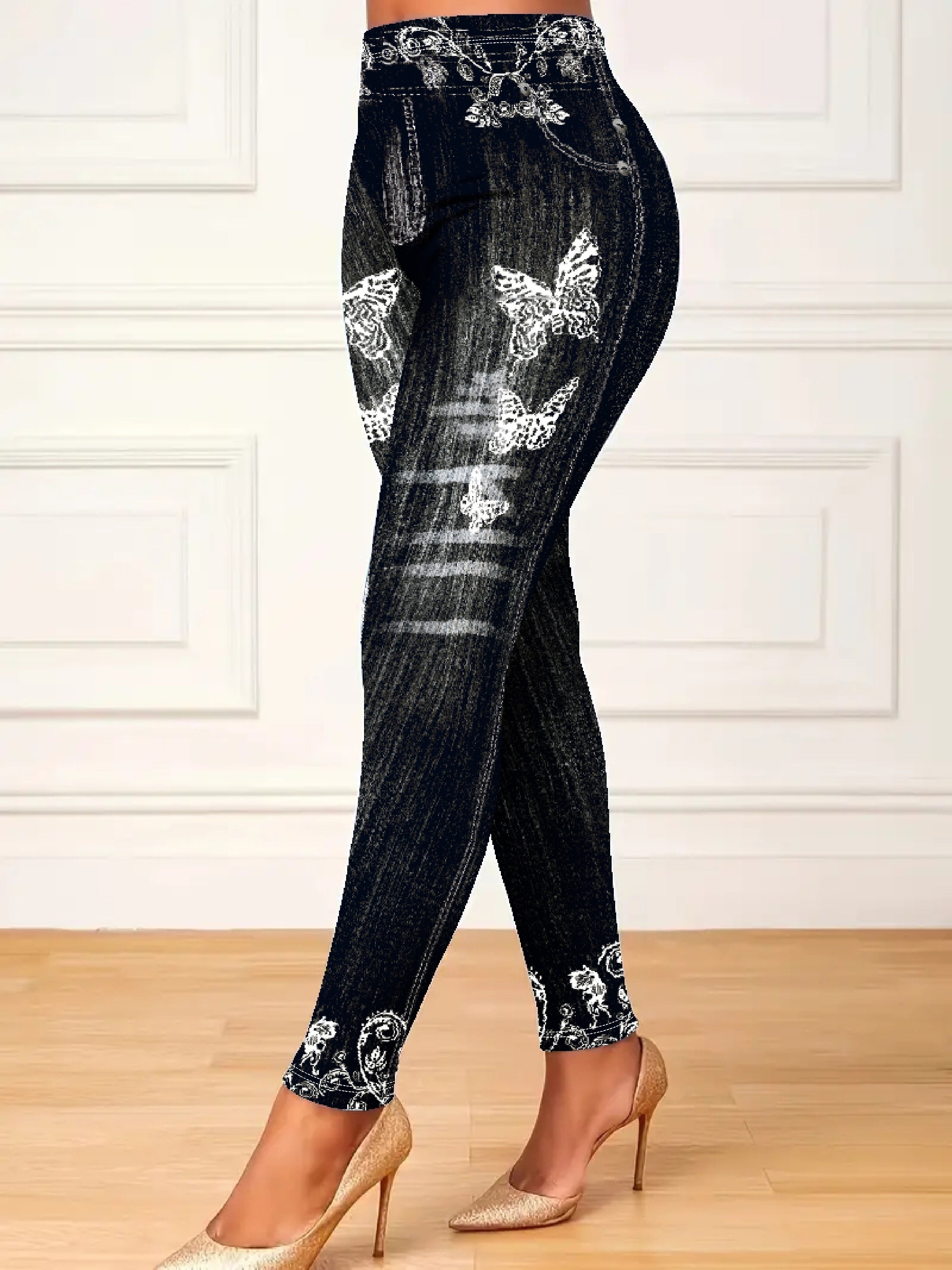 Plus Size Women's Stretchy Butterfly and Denim Print High Waist Leggings
