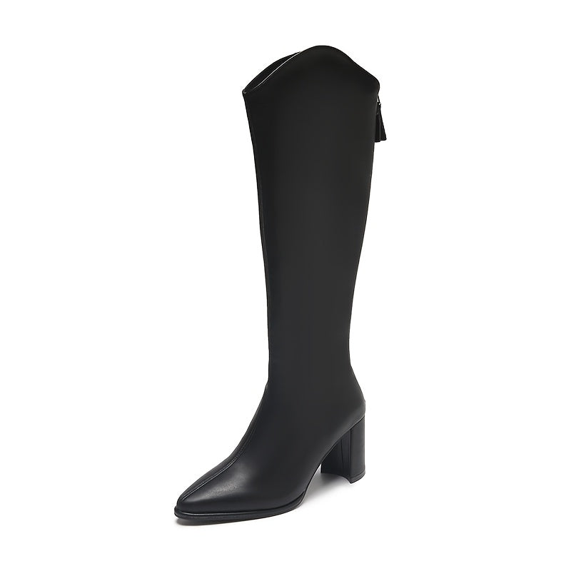 Women Mid-Calf Leather Pointed Toe Boots with Zipper Block Heel