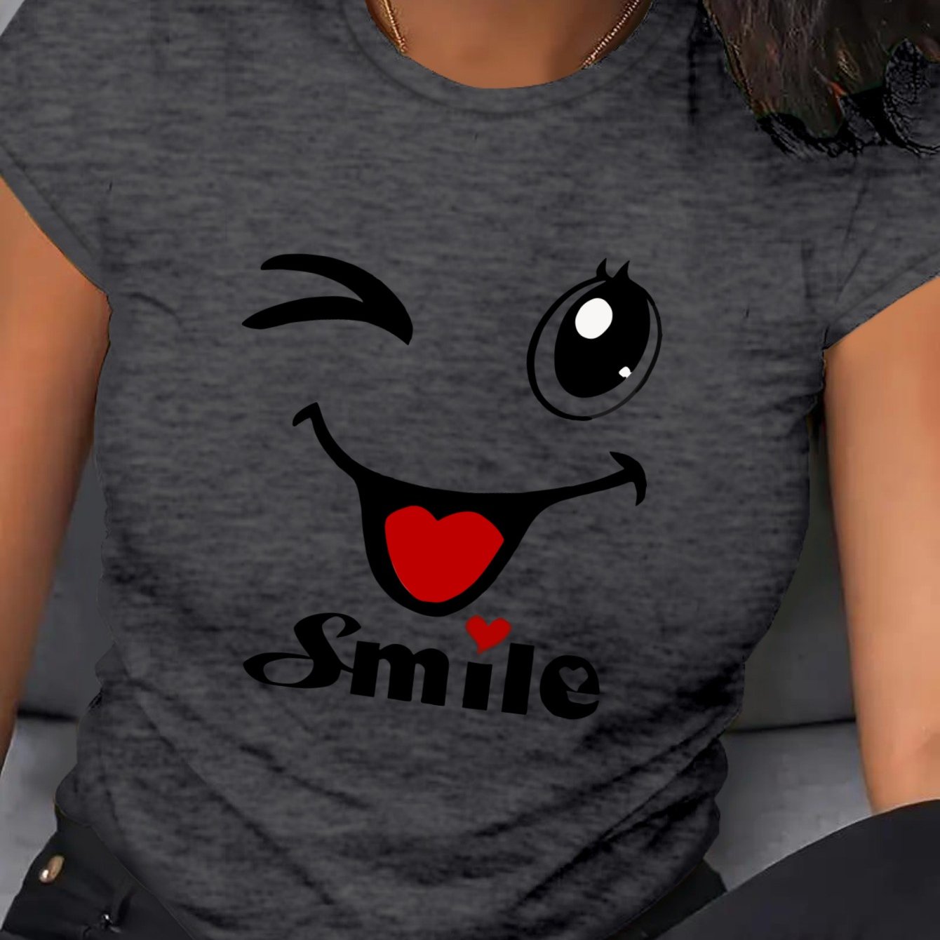 Plus Size Women's Cartoon Face T-Shirt Breathable Short Sleeve Crew Neck