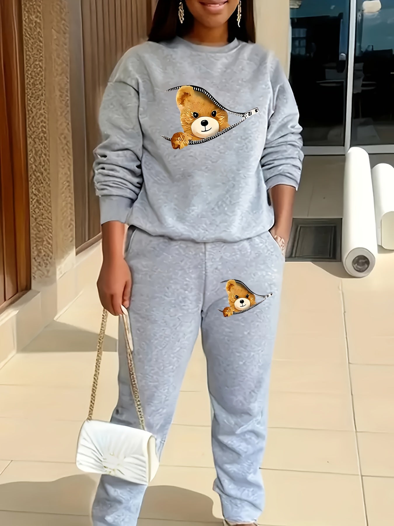 Conjunto personalizado de dos piezas impreso para mujer con patrón geométrico poliéster casual otoño invierno