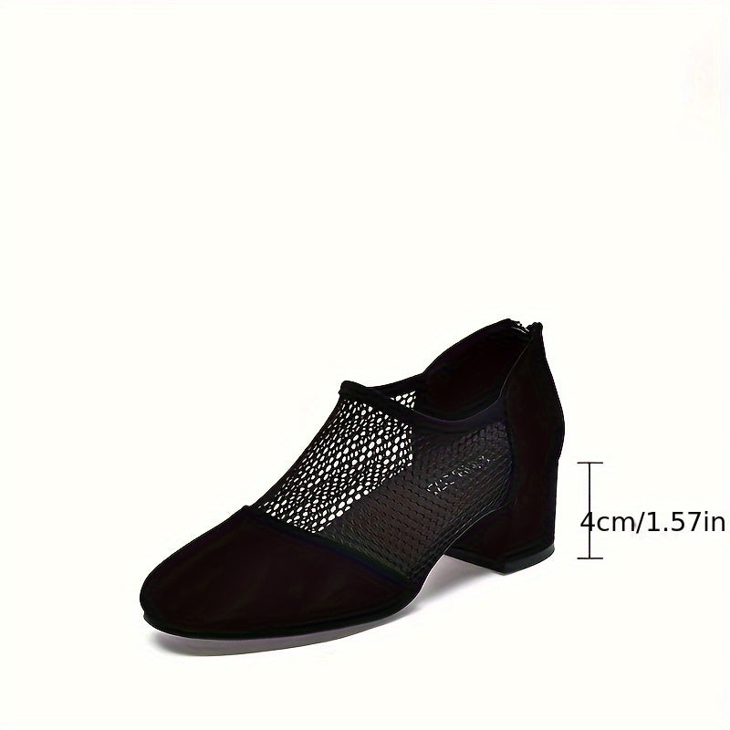 Women Mesh Sandals with Thick Heel and Zipper Closure Black