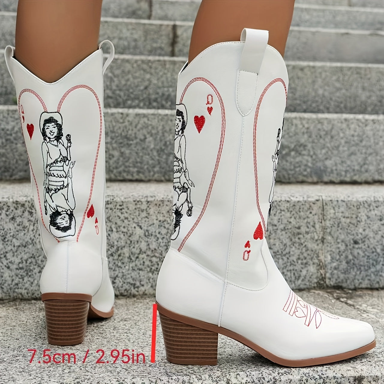 Women's White Western Cowboy Boots with Embroidered Playing Cards