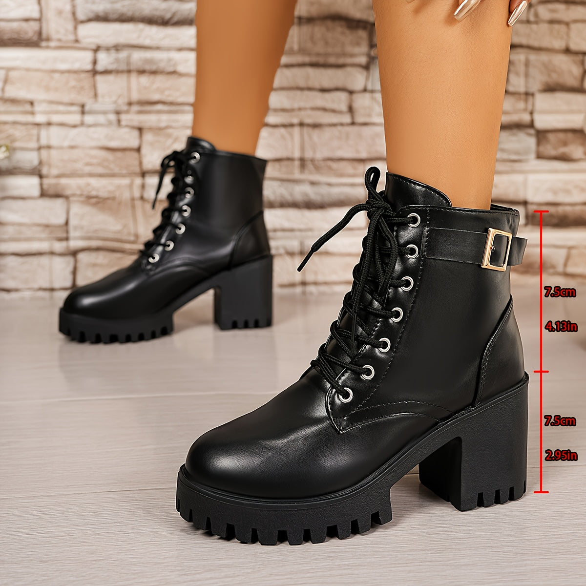 Women's Leather Chunky Heel Ankle Boots with Thick Sole and Low Heel
