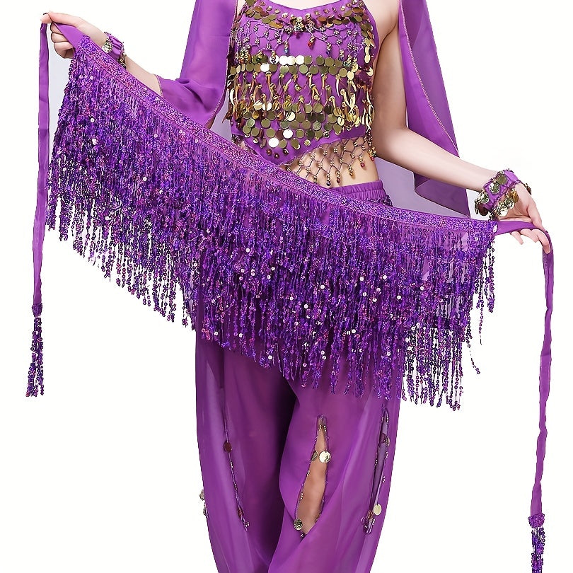 Festive Belly Dance Waist Chain for Halloween Costume Sequin Tassel Hip Scarf with Silvery Layers