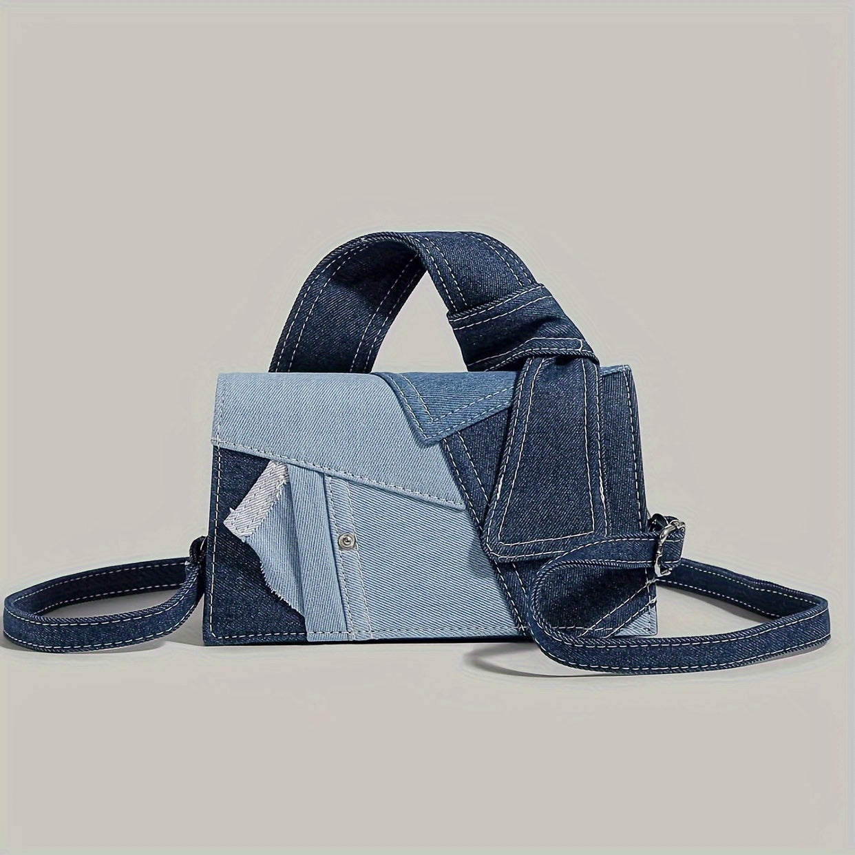 Geometric Denim Shoulder Bag for Women Casual Crossbody with Zipper Closure