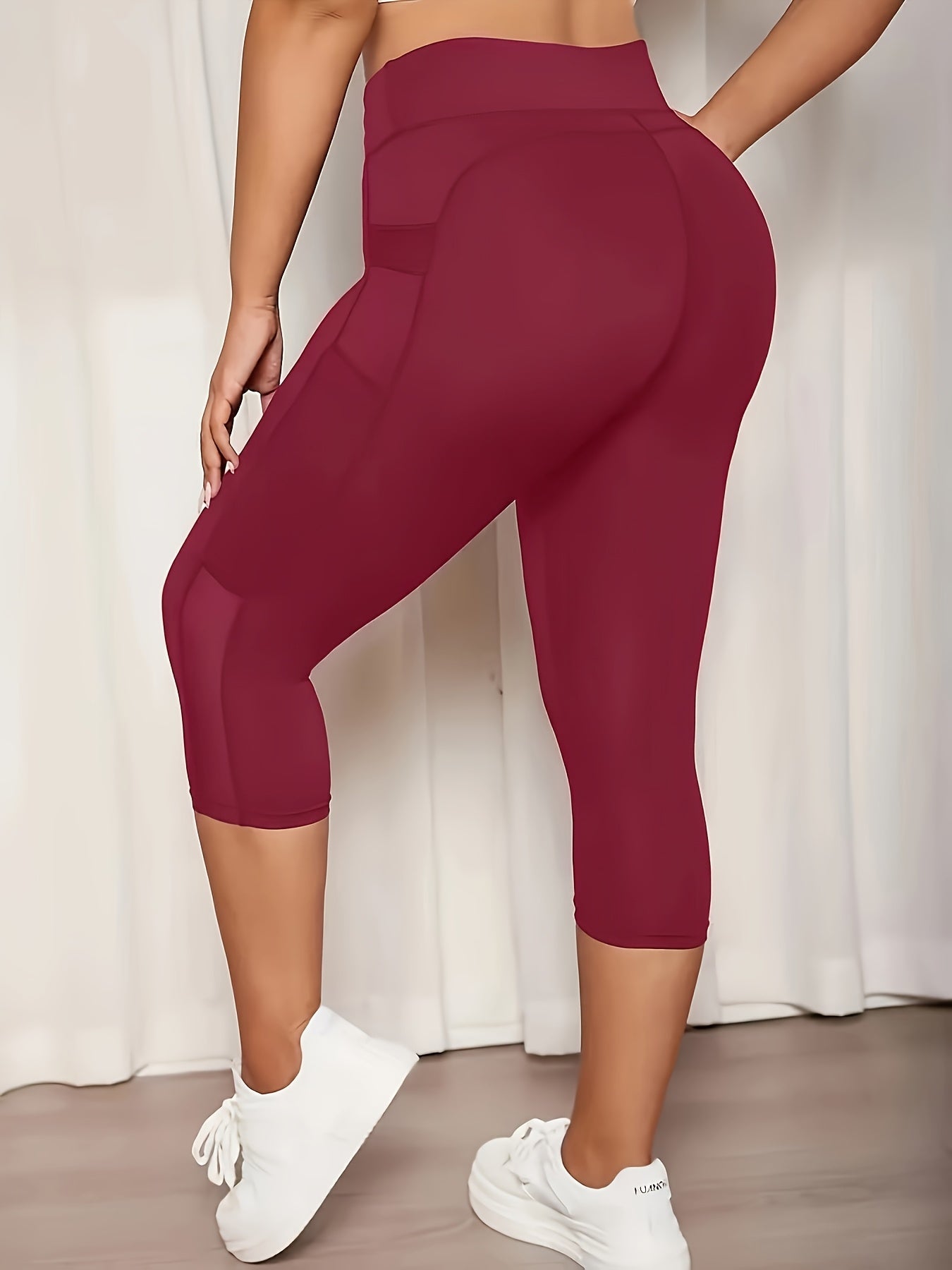 Plus Size High-Waisted Compression Capri Leggings Vibrant Pink Mesh Pockets