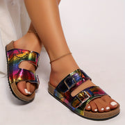 Women's Leopard Print Cork Slides Double Buckle Straps Open Toe Summer Sandals