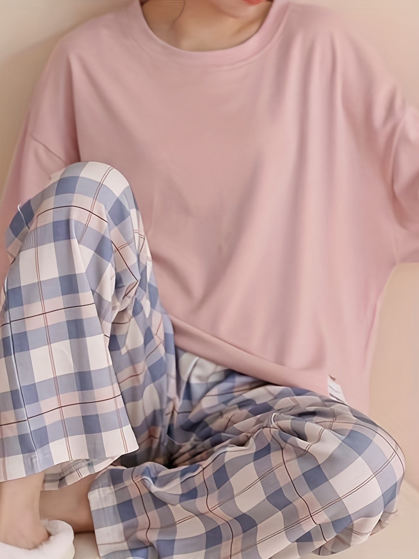 Teen Plaid Long Sleeve Pajama Set for Spring and Fall Polyester Casual Home Wear